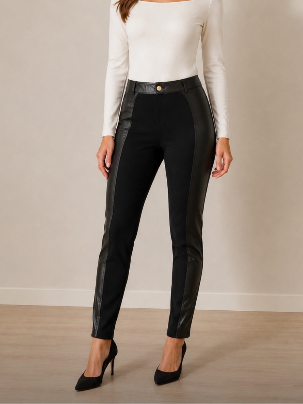 St. John Black Slim Pants with Leather Side Panels